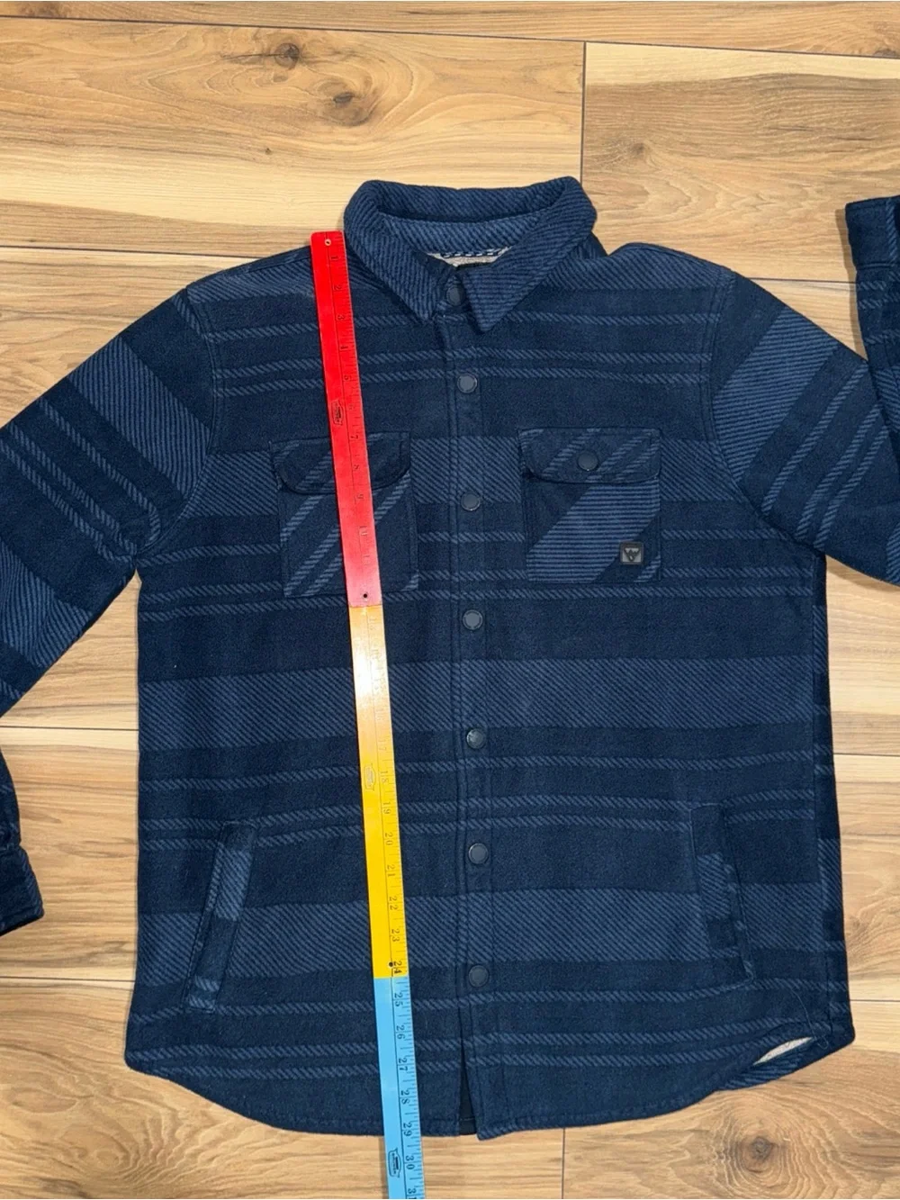 Voyager L Fleece Lined Shirt Jacket Blue Stripe Snap Front Shacket Flannel Aztec